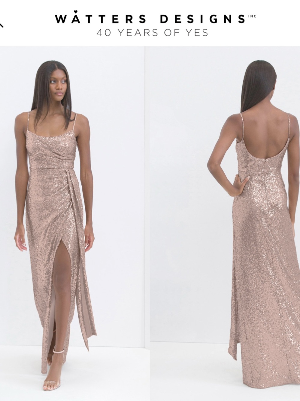Watters Designs Gold Sequin Draped Slip Gown